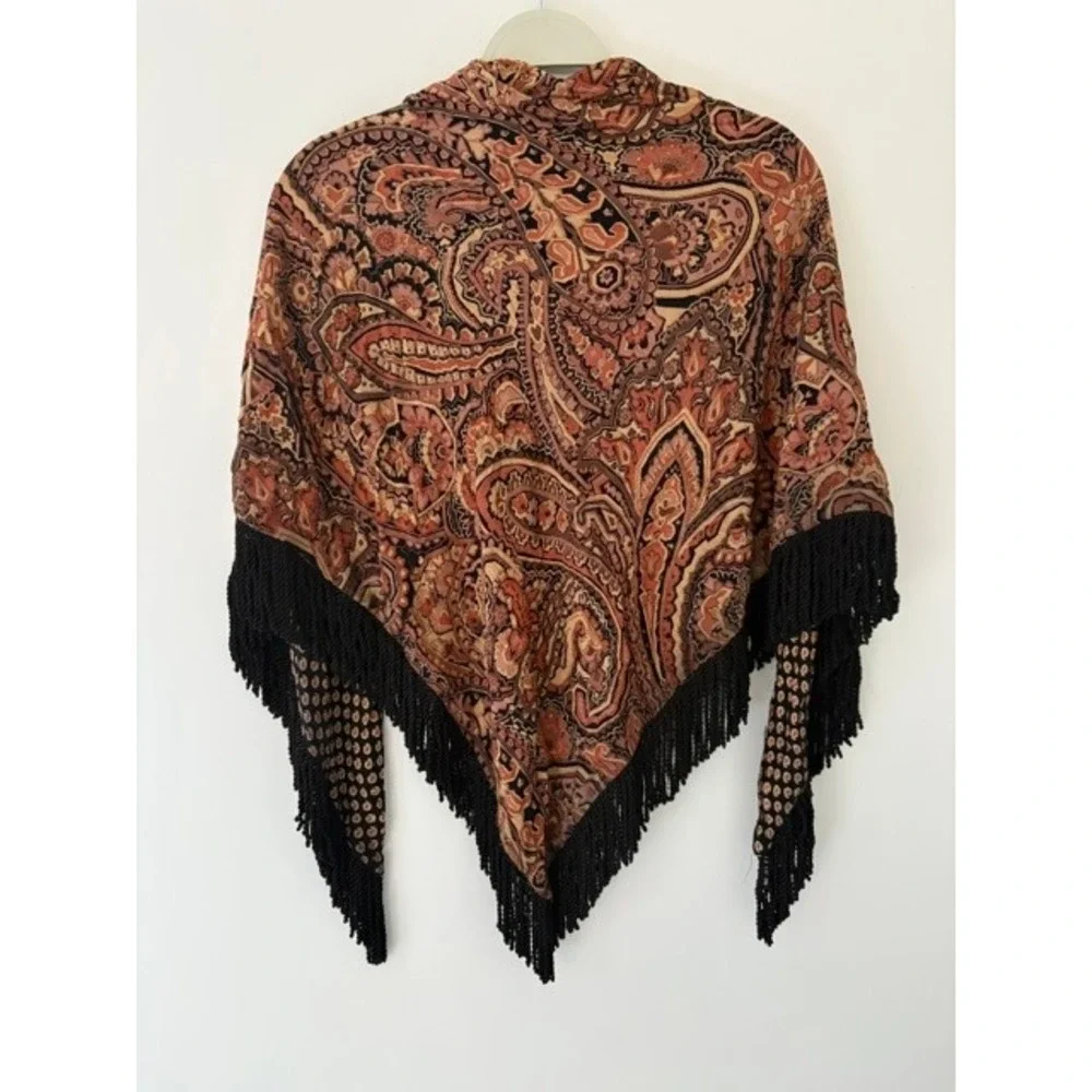 Vintage Paisley Triangle Fringe Shawl Reversible Scarf Terracotta Boho Wrap